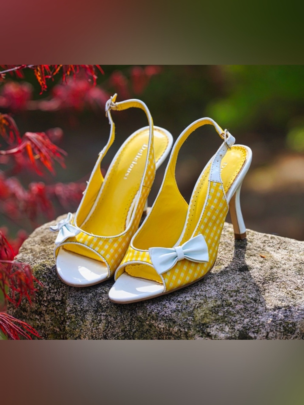 Delicious Yellow & White Gingham Peep Toe Slingback Heels - Picture 5 of 15